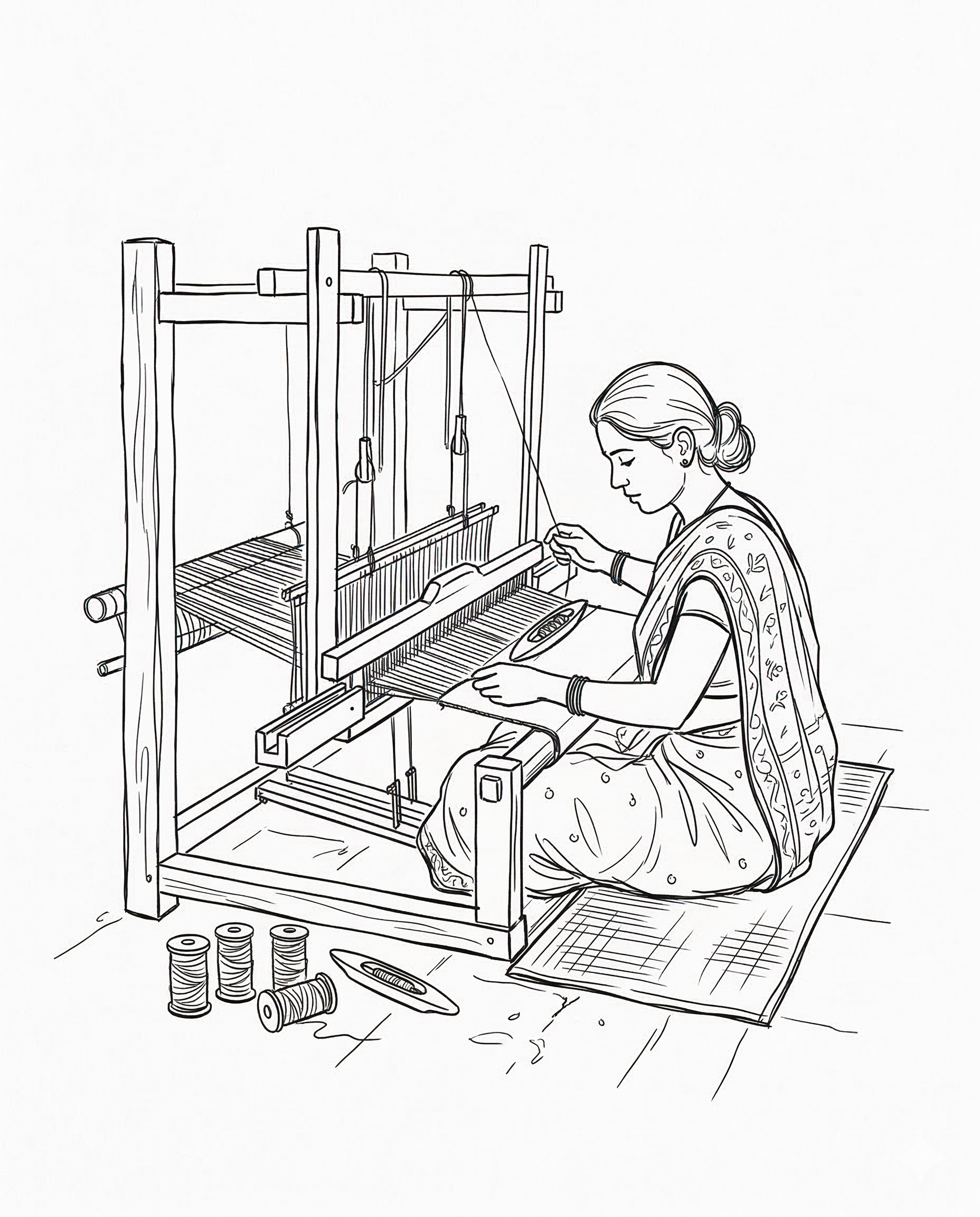 Indian artisan weaving handloom textiles on a traditional loom — minimal line art illustration