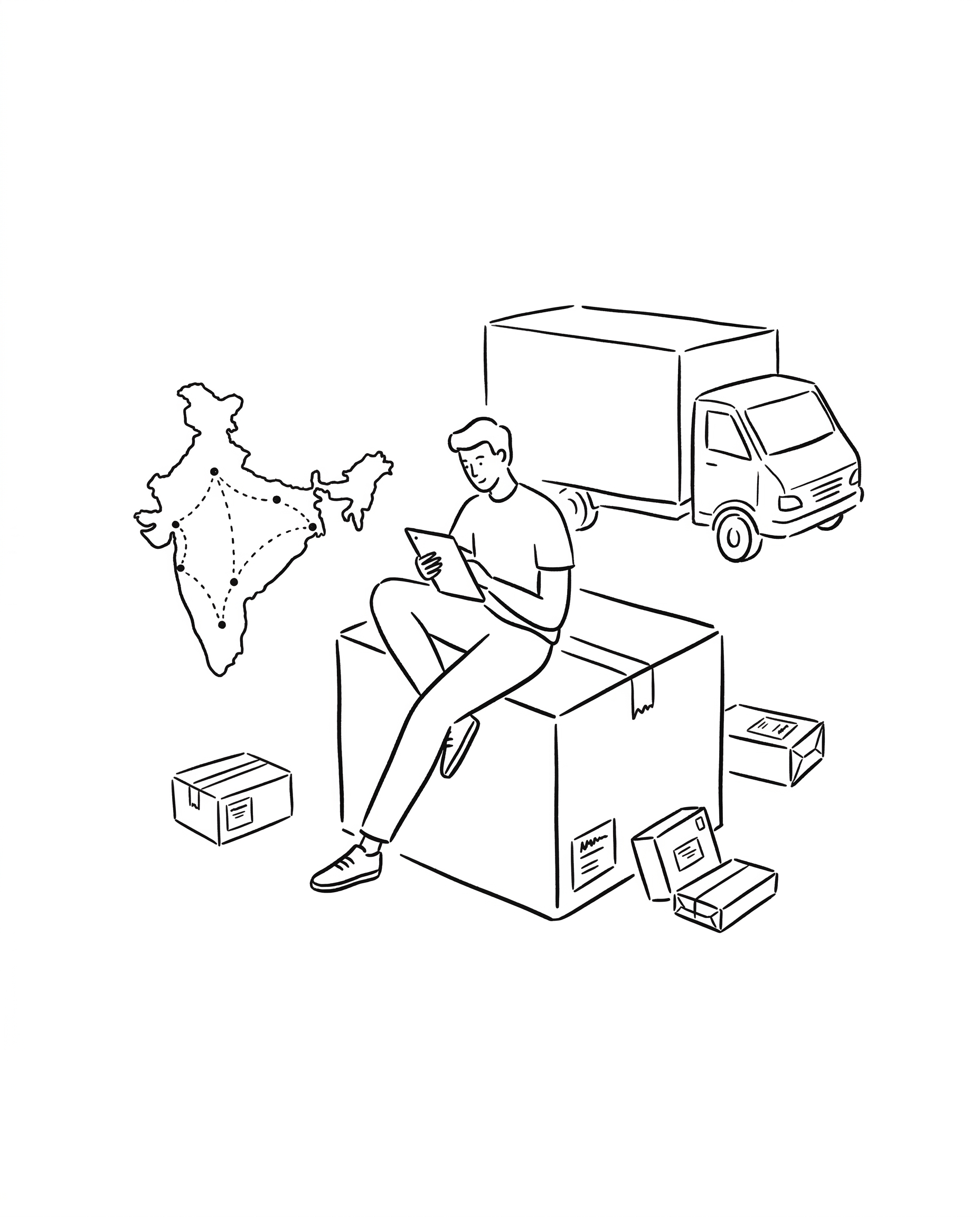 Person sitting on shipping box with India map and delivery truck — minimal line art illustration
