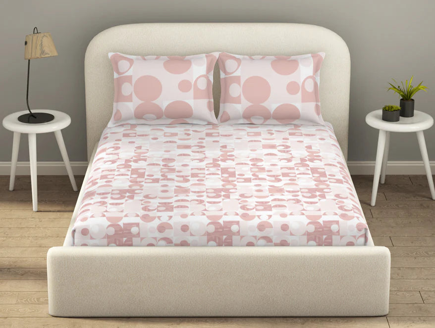 Essentials 100% Cotton Fitted King Bedsheet, 144 TC, Geometric, Blush