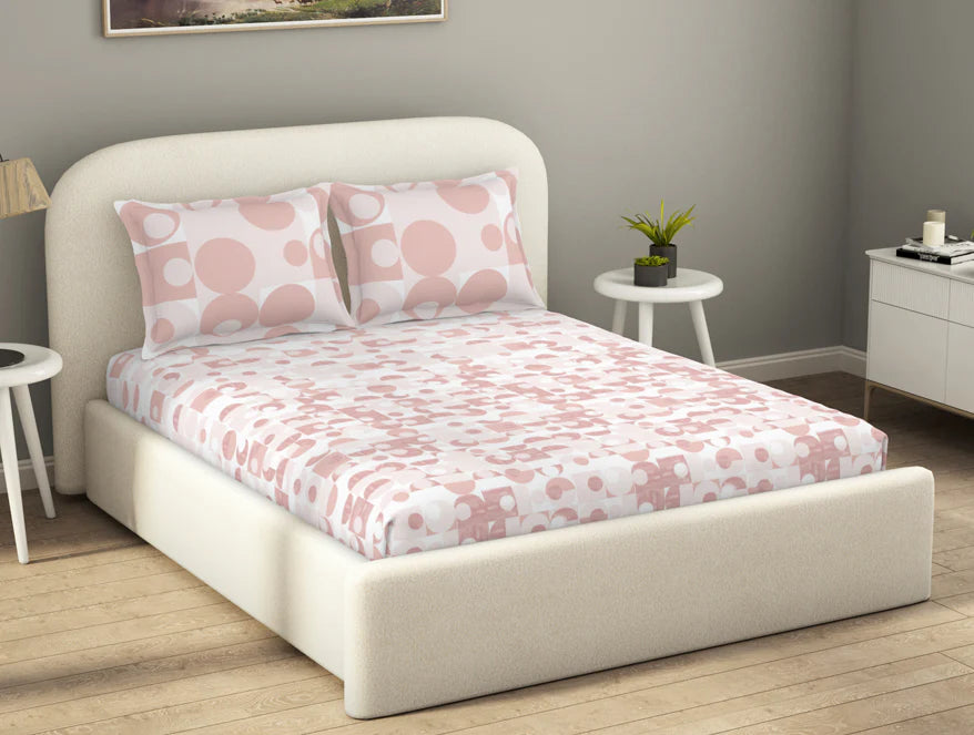 Essentials 100% Cotton Fitted King Bedsheet, 144 TC, Geometric, Blush