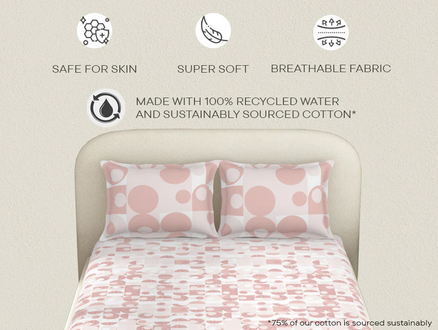 Essentials 100% Cotton Fitted King Bedsheet, 144 TC, Geometric, Blush